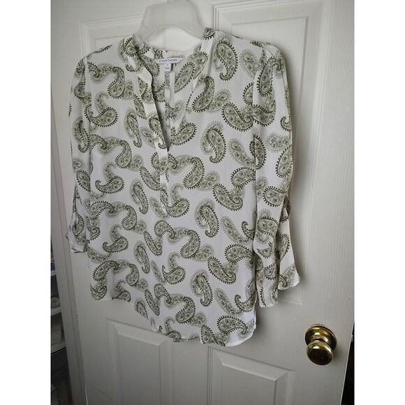 41Hawthorn Green White Paisley V Neck Belle Flare Tie Sleeves Sheer. Size M - Picture 2 of 11